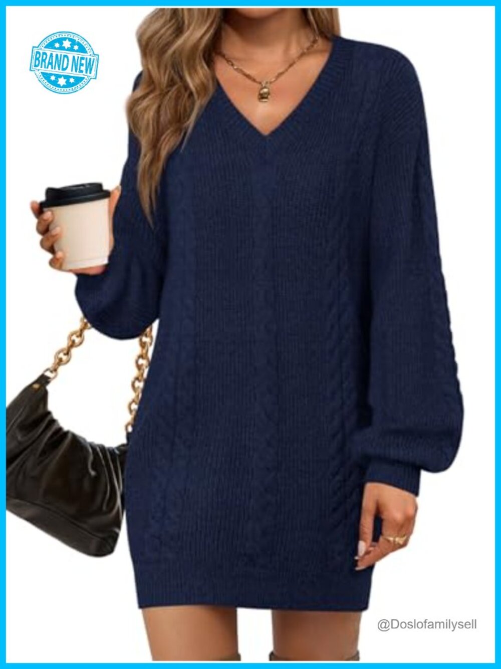 Oversized Mini Cable Knit Sweater Dress V Neck Lantern Sleeve Tunic Pullover